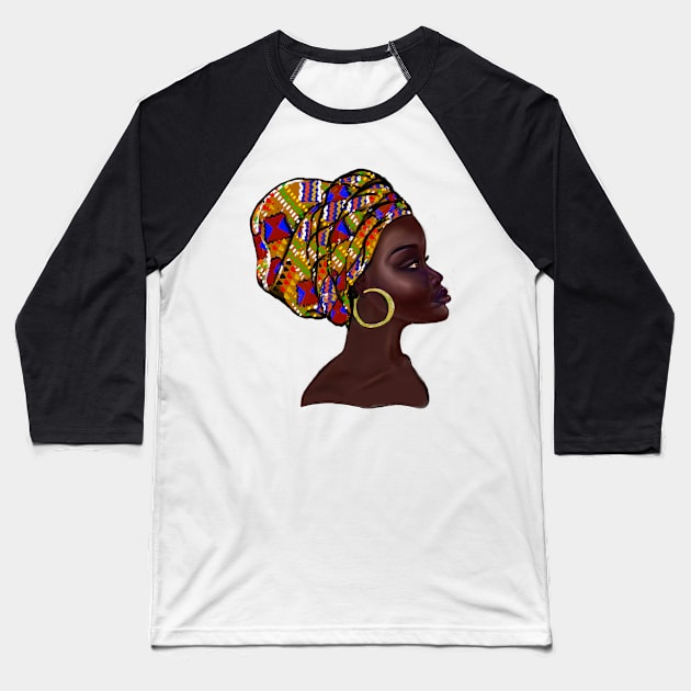 Afro queen With Kinte headwrap- Mahagony brown skin girl with thick glorious, curly Afro Hair and gold hoop earrings Baseball T-Shirt by Artonmytee